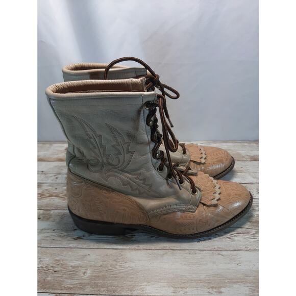 VTG Larry Mahan Tan Tooled Leather Lace Up Western Boots 9 M Kiltie Boots - Picture 3 of 9